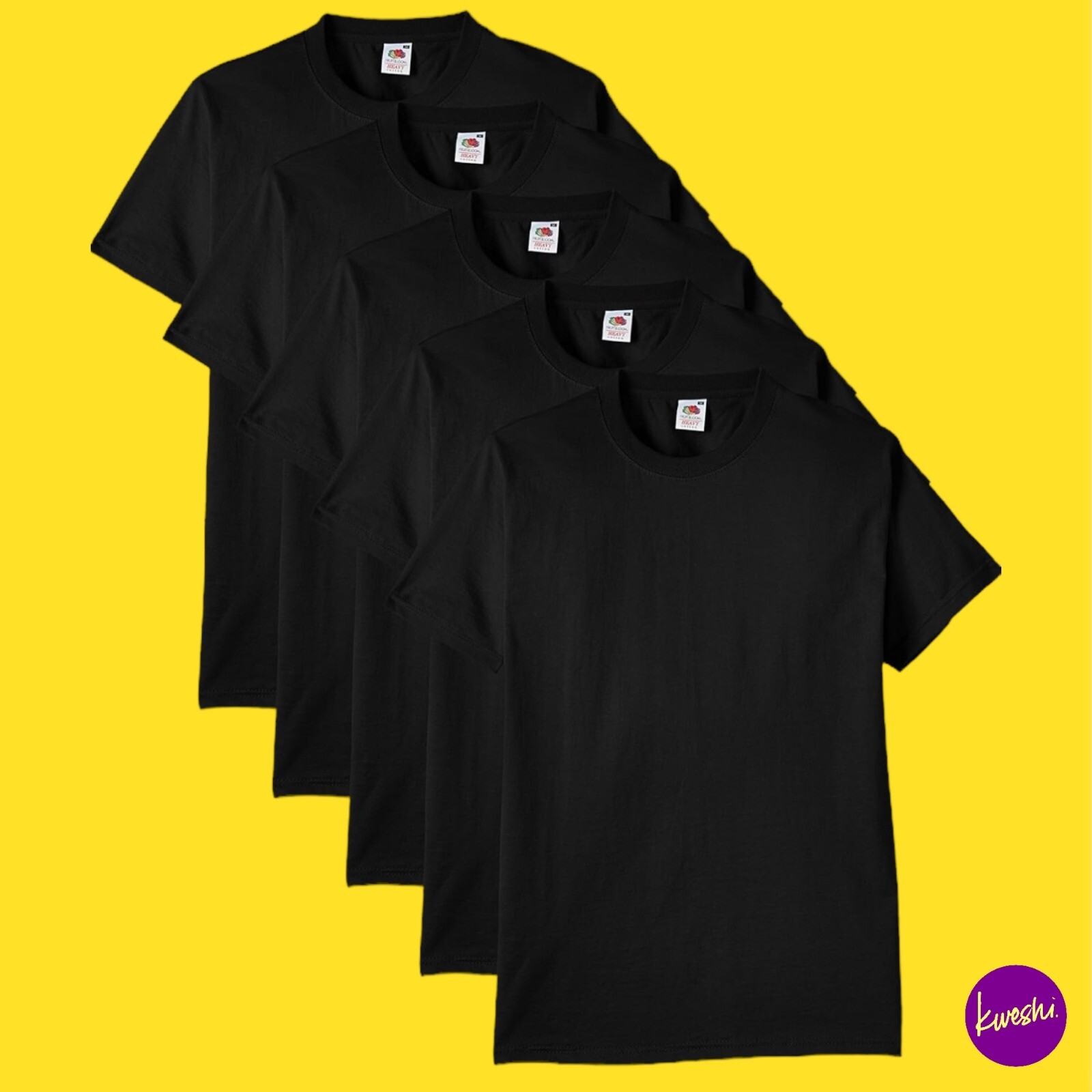 FRUIT OF THE LOOM Men’s 5-Pack Crew Neck T-Shirt, Cotton, Black, UK S | EU S
