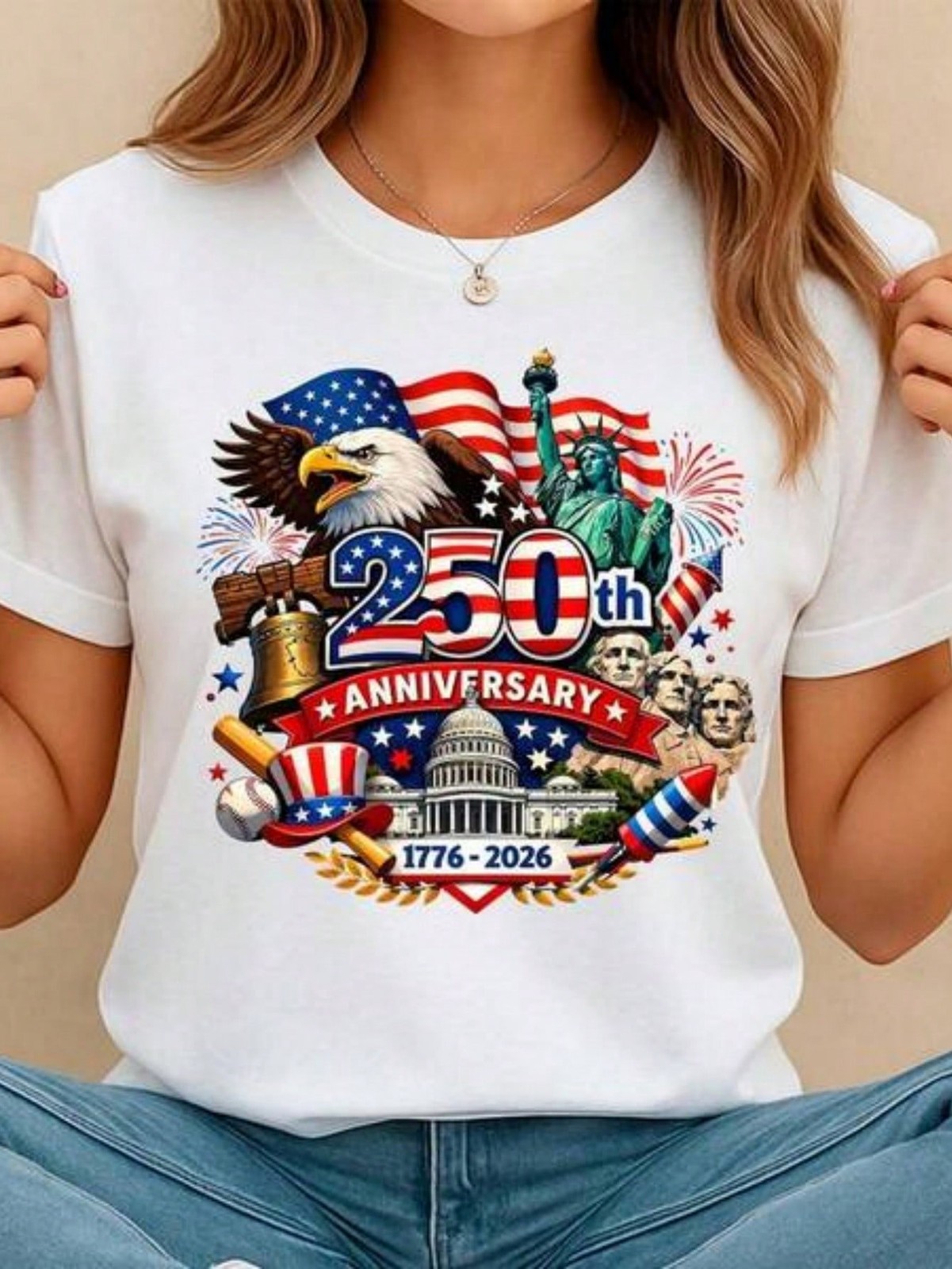 Women's Crew Neck Summer Tee USA 250th Anniversary Patriotic Print Regular gallery