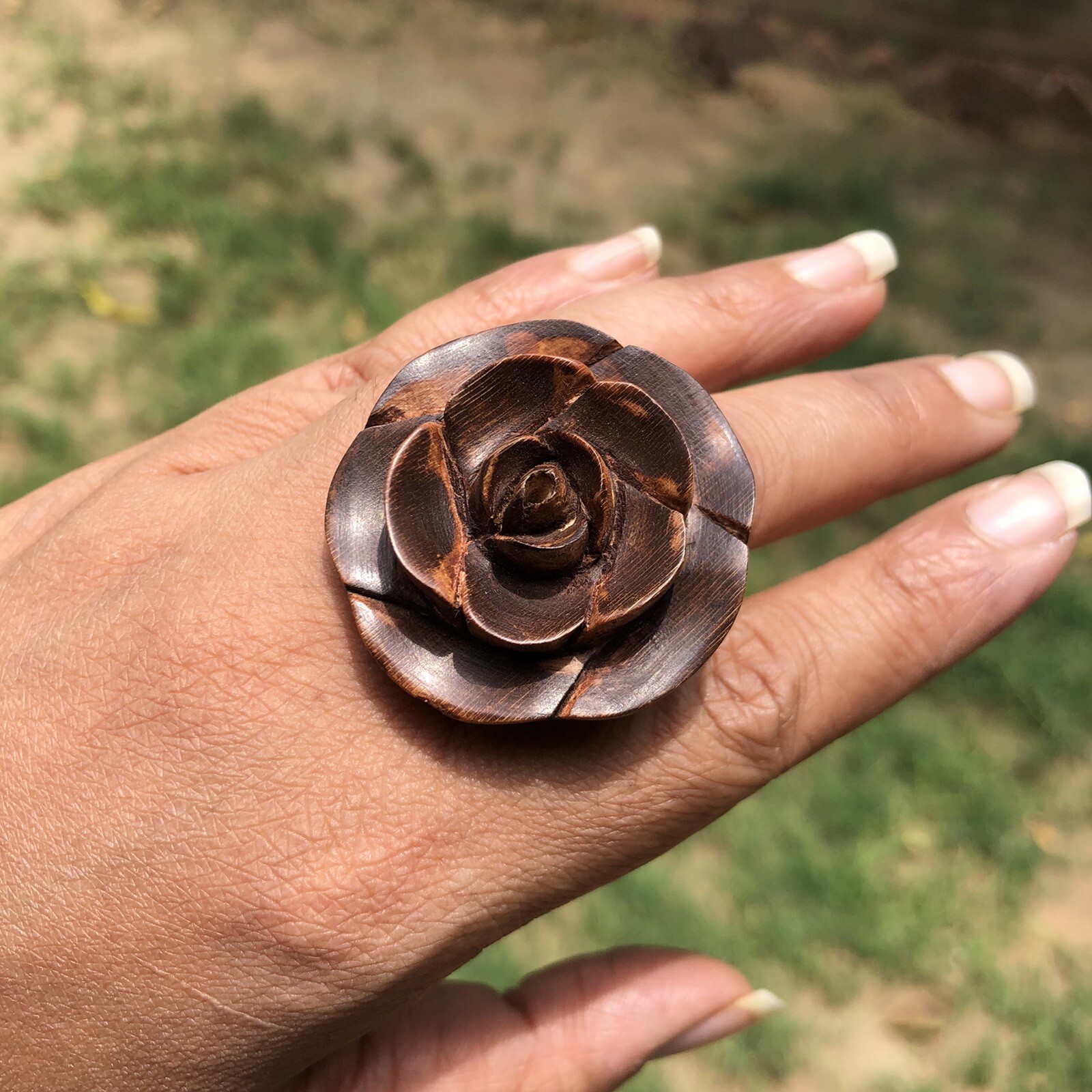Kadamb Wood Rose Flower Carved Handmade Ring, 35 mm dia, US 9 Ring Size, D5