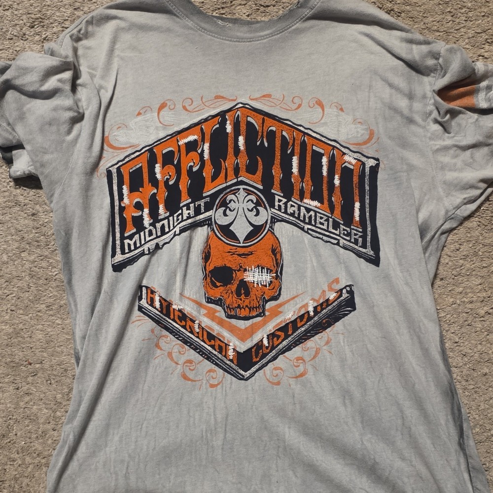 Affliction Midnight Gambler Men’s L Gray Double-Sided Skull Tee