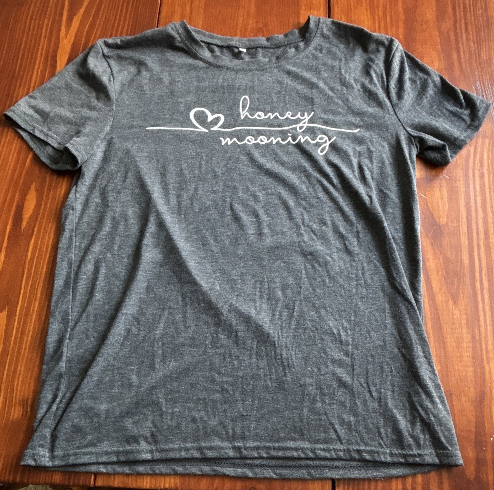 Wedding- Heathered Gray “Honey Mooning” Graphic Knit Crew Neck T-Shirt Women’s L