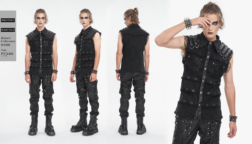 Devil Fashion Men Black Gothic Punk Belt Deco Tops Net Eyelet Sleeveless Shirt