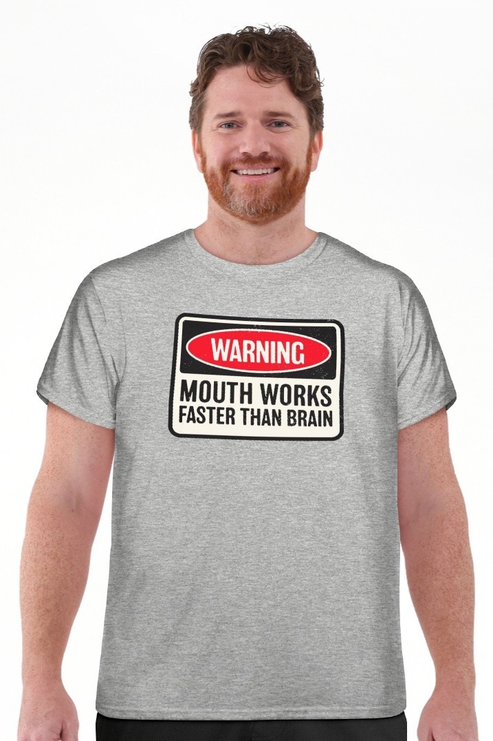 Men’s Warning Mouth Works Faster Than Brain Gray Graphic T-Shirt Size XL 46-48