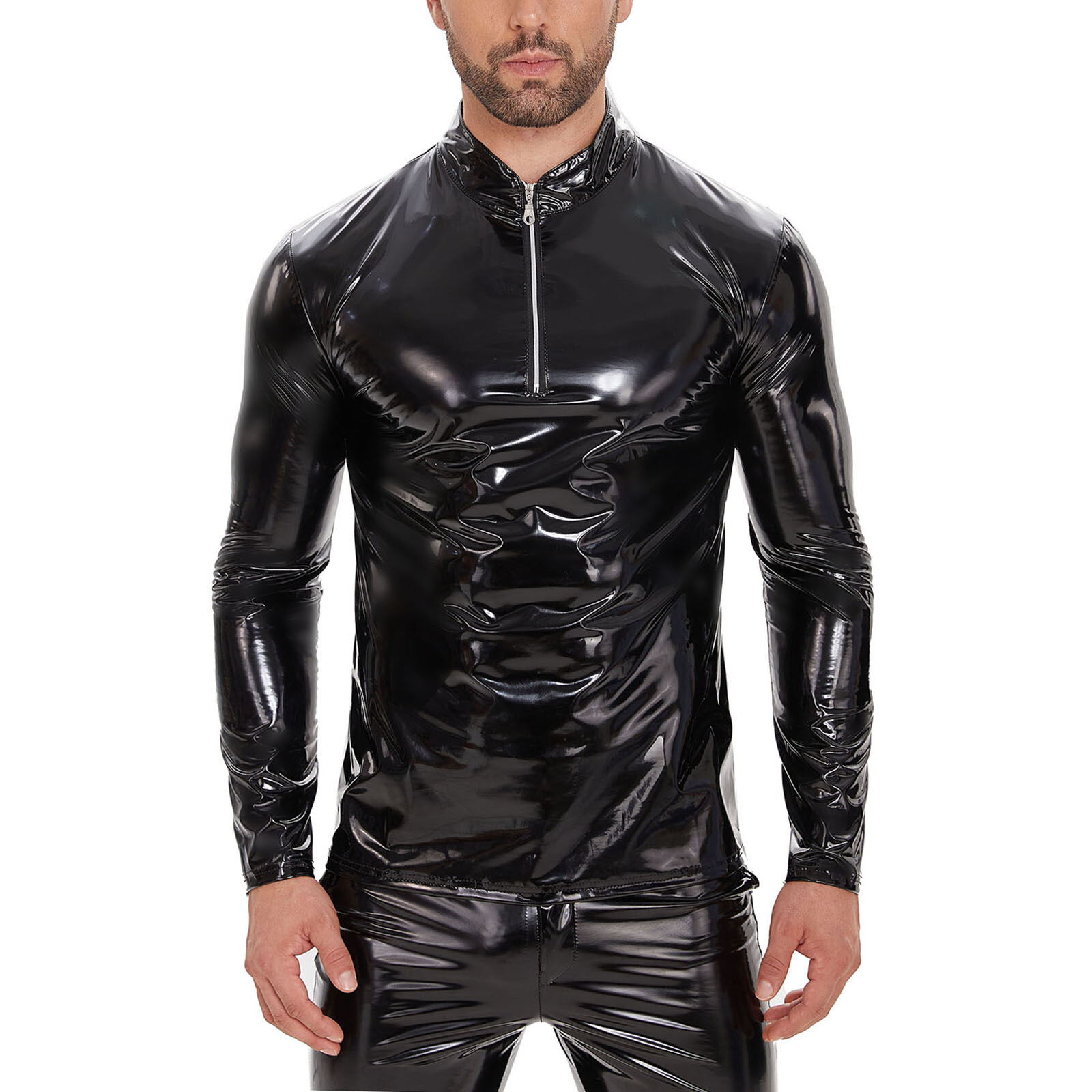 Men PVC Leather T-shirts Long Sleeve Tops Shiny Wetlook Latex Slim Tees Clubwear