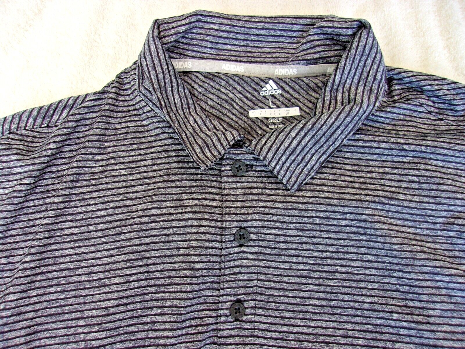 NWT Adidas polo, mens S, M, L, or XXL, gray, black stripes, pointed collar, $60 gallery