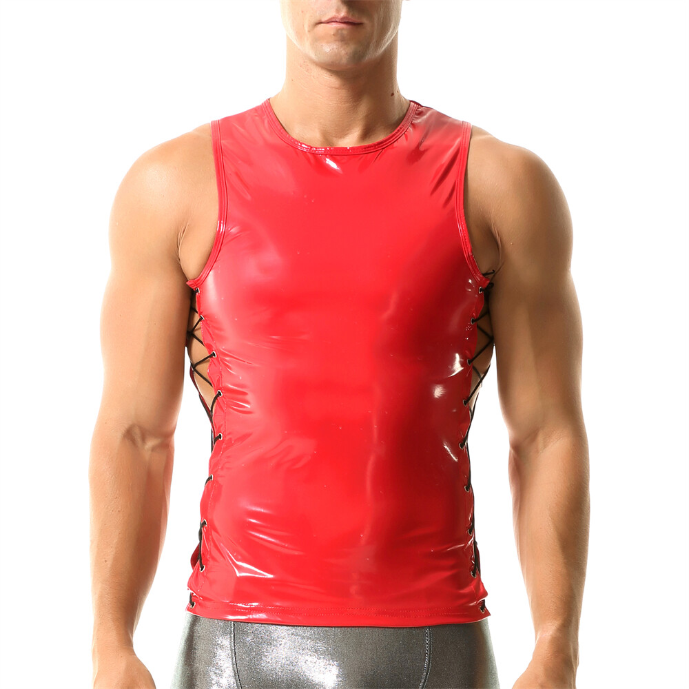 Mens Wet Look Bright PU Leather Vests Tank Tops Nightclub Dance Rave Slim Shirts gallery
