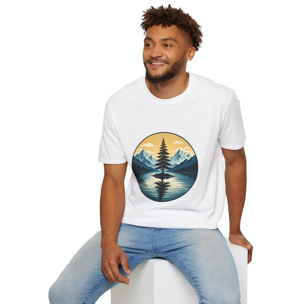 Mountain Lake Nature Minimalist Pine Tree Landscape Unisex Softstyle T-Shirt