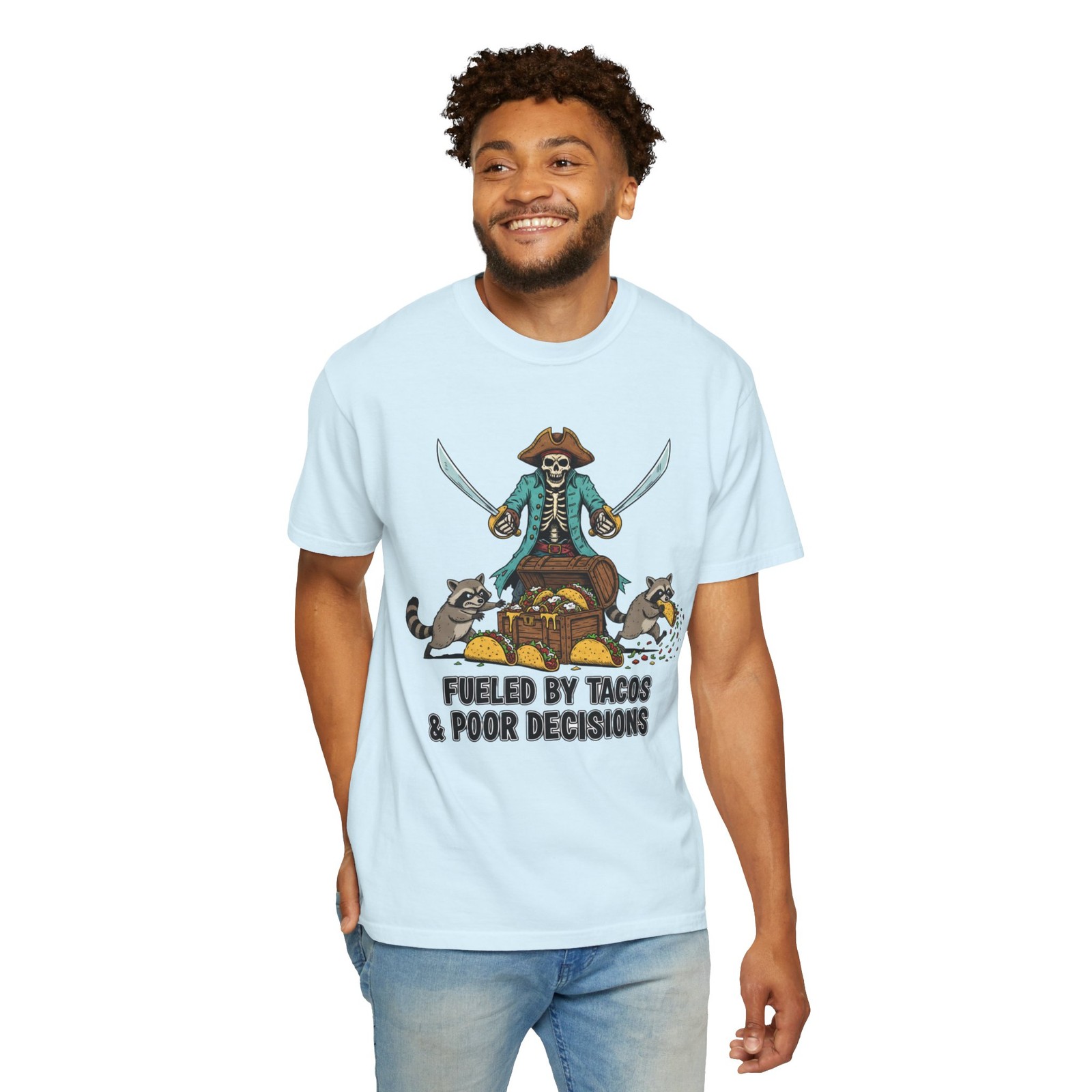 Fueled by Tacos & Poor Decisions T-Shirt | Pirate Skeleton Taco Design gallery