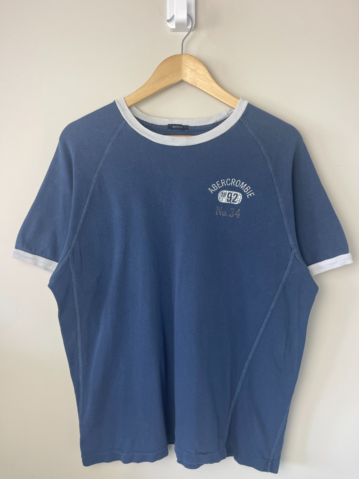 Vintage Abercrombie & Fitch Navy & Grey Spellout Muscle Fit Ringer Tee Size XL