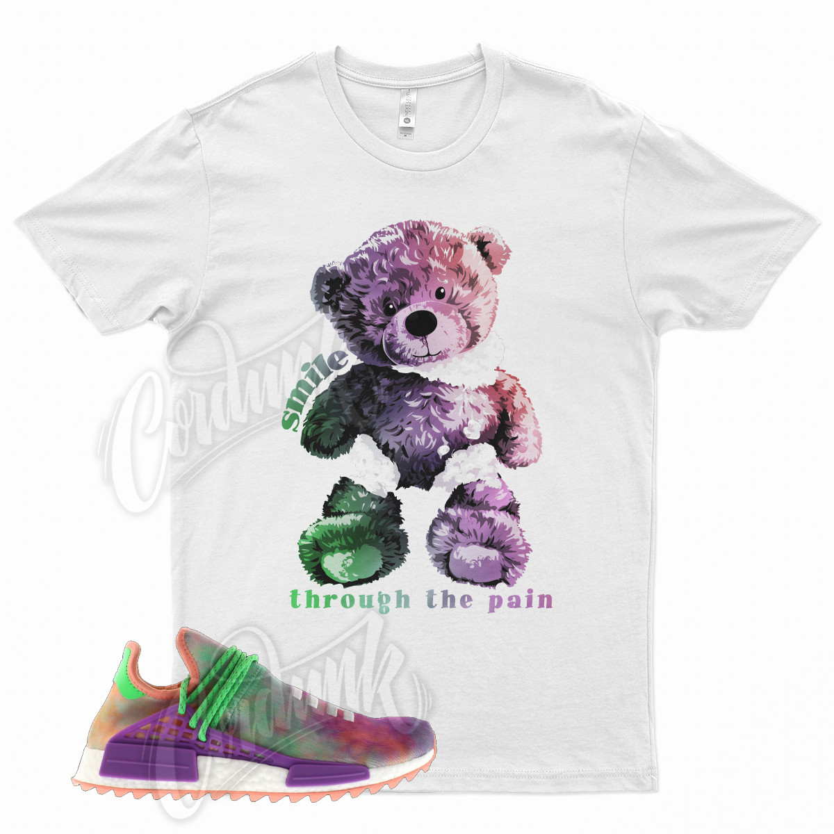 White SMILE T Shirt for NMD Human Race Trail x Pharrell Holi Festival