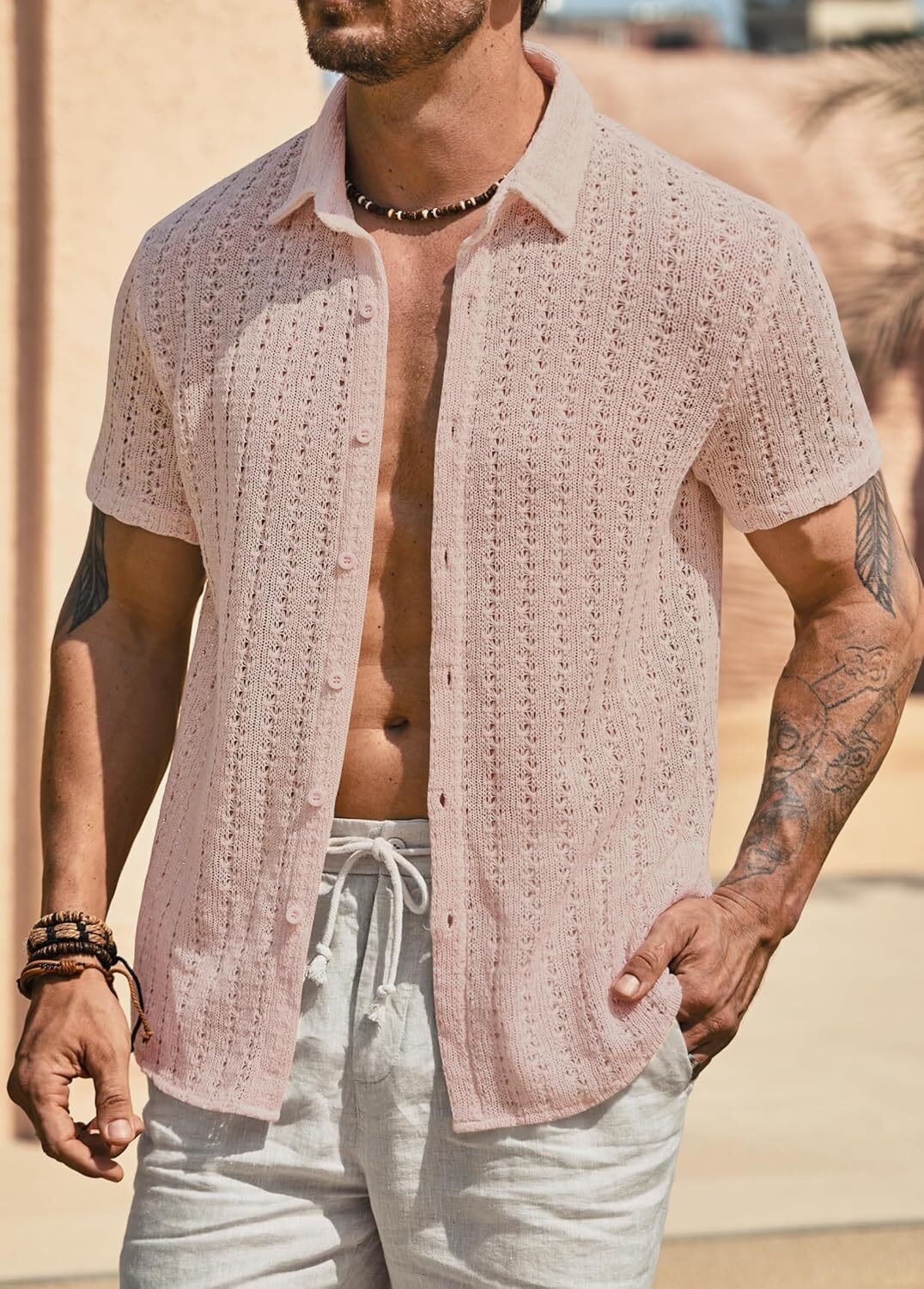 Men's Knit Crochet Button Down Shirt Hollow Out Textured Casual Summer Top S-XXL gallery