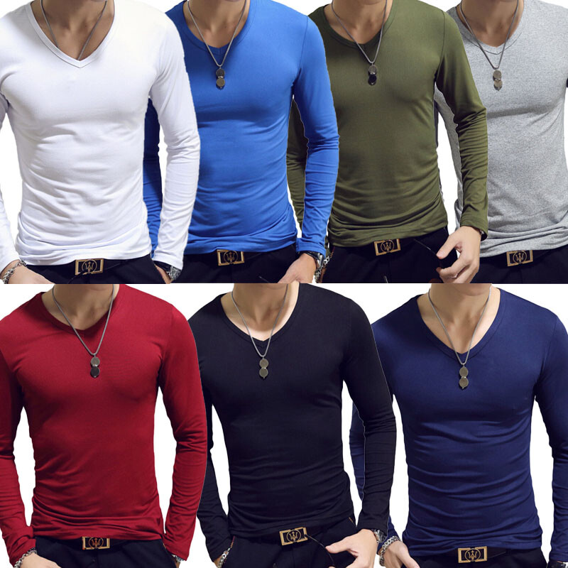 Mens Long Sleeve V-Neck T-shirt Stretch Undershirt Casual Solid Slim Fit Tops gallery