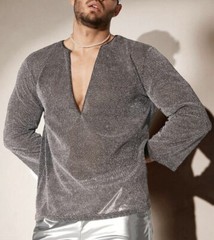 Manfinity Gray Size L Sheer Mesh Tinsel Metallic Long Sleeve V-Neck Tee