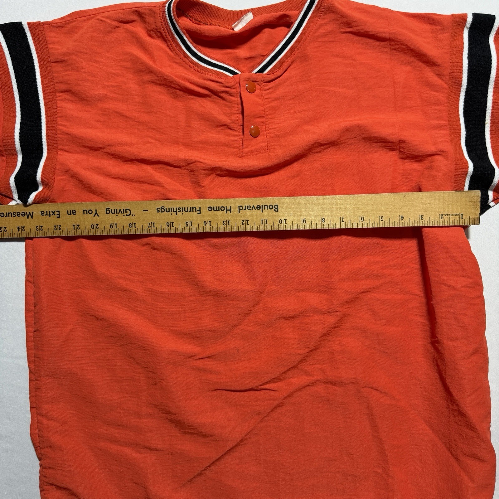 DeLong USA Vintage Nylon Pullover Shirt Medium Orange Black Stripe Drawstring gallery