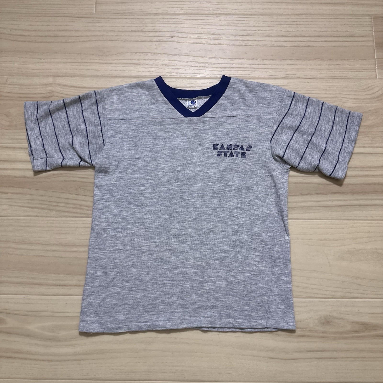 Vintage 80s Kansas State Grey & Navy Striped Single Stitch Ringer Shirt Small