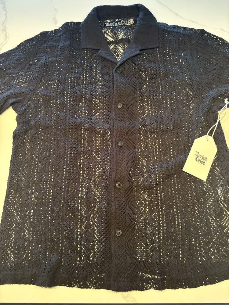 Rock & Caleb Men’s Black Solid Lace Collared Short Sleeve Button-Up Shirt L