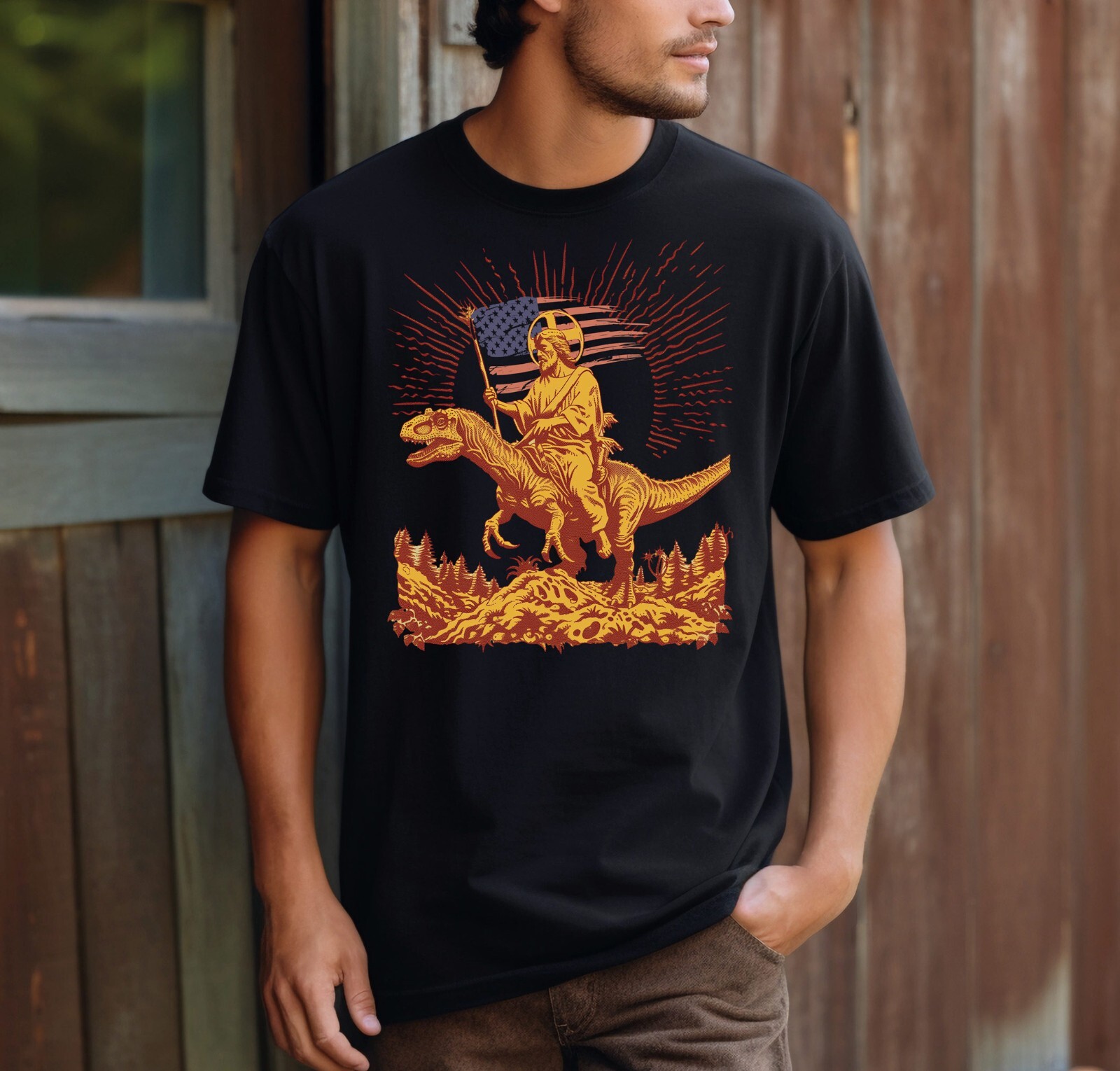 Jesus Riding Dinosaur Shirt Funny USA American Flag Christian Patriotic Humor gallery