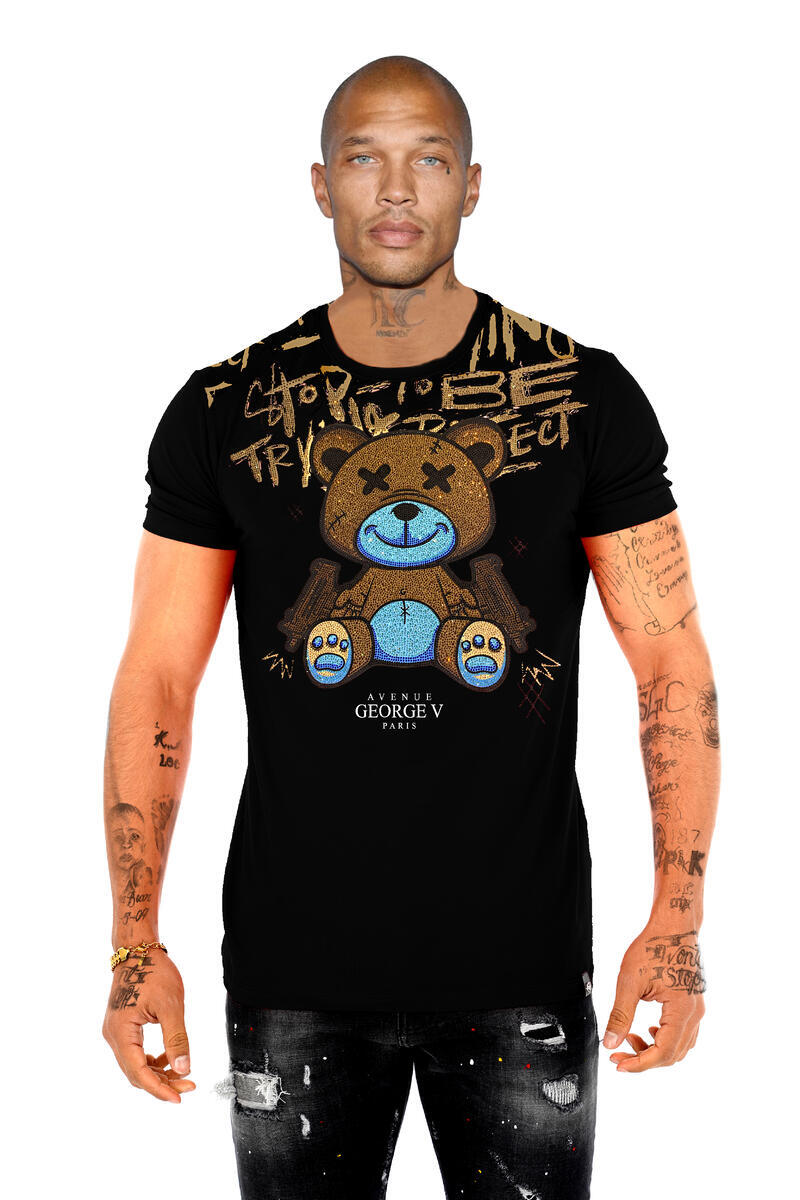 Avenue George V Paris Short Sleeves Black T-shirt Rhinestone Golden Teddy bear gallery