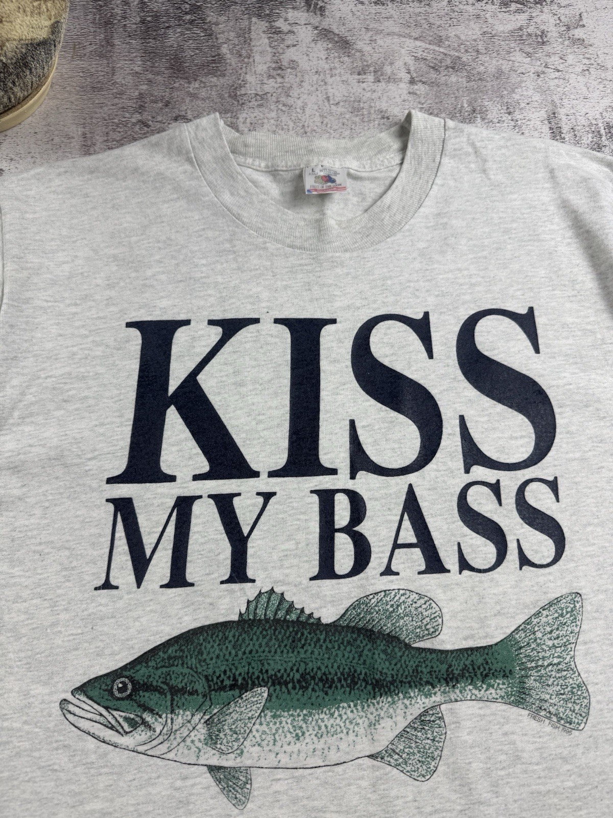 Vintage Kiss My Bass 90s Humor Crazy Gray Fisherman Merch Jersey T Shirt Tee gallery
