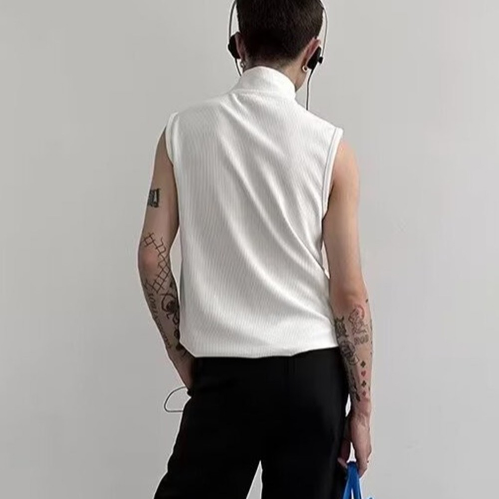 Retro Punk Zipper Tank Top for Men Stylish Sleeveless Vest with Stand Collar gallery