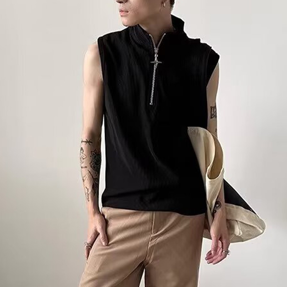 Retro Punk Zipper Tank Top for Men Stylish Sleeveless Vest with Stand Collar gallery