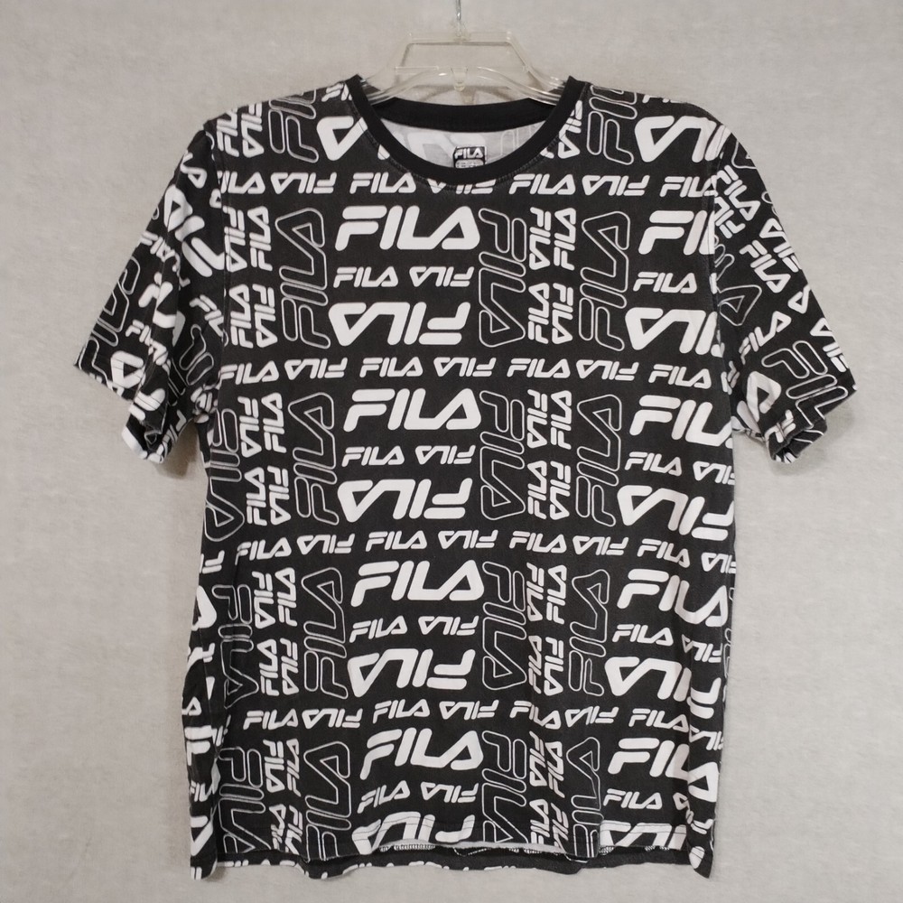 Fila Men’s Medium Shirt All Over Print Black Graphic Crew Neck Tee Logo