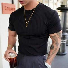 2025Summer Fashion Solid Color Ribbed Slim T Shirts Men Streetwear Classic Simpl
