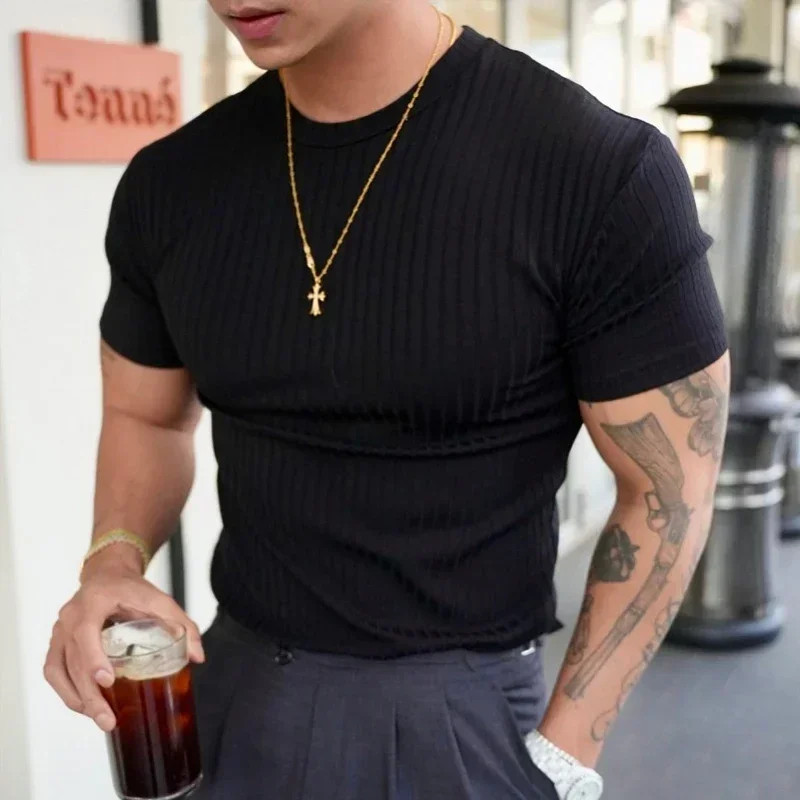 2025Summer Fashion Solid Color Ribbed Slim T Shirts Men Streetwear Classic Simpl gallery