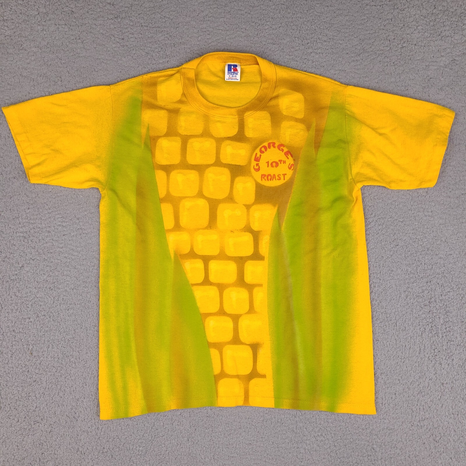 Vintage Russell Athletic T-Shirt Adult Medium Yellow Corn George’s 10th Roast