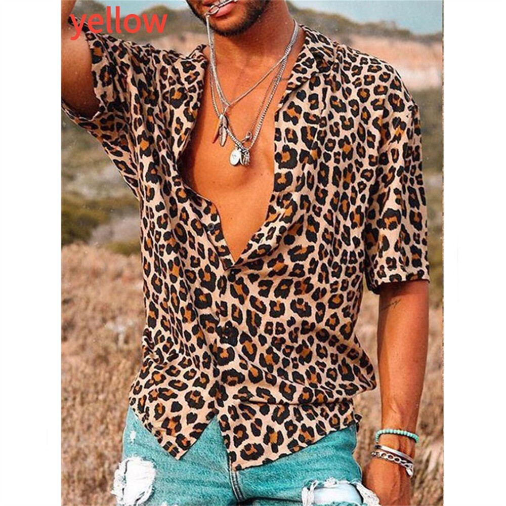 Men's Leopard Print Shirt Casual Slim Shirts Short Sleeve Button Down Top Blouse gallery