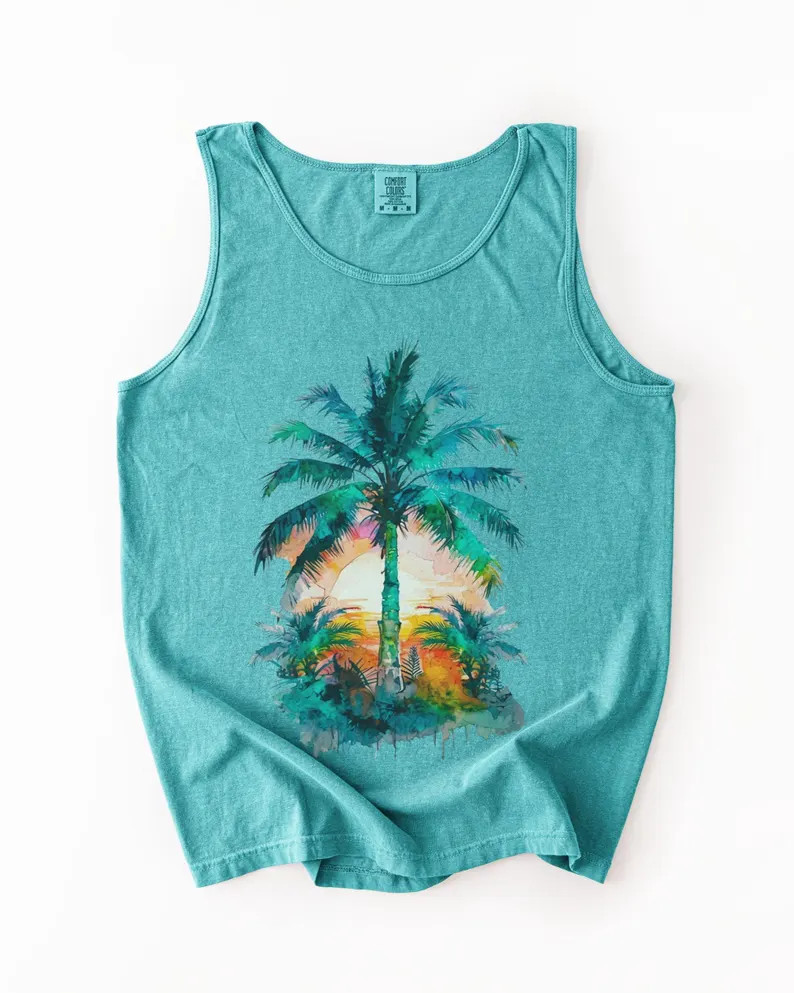 Tropical Palm Tree Sunset Tank Top Beach Vacation Apparel gallery
