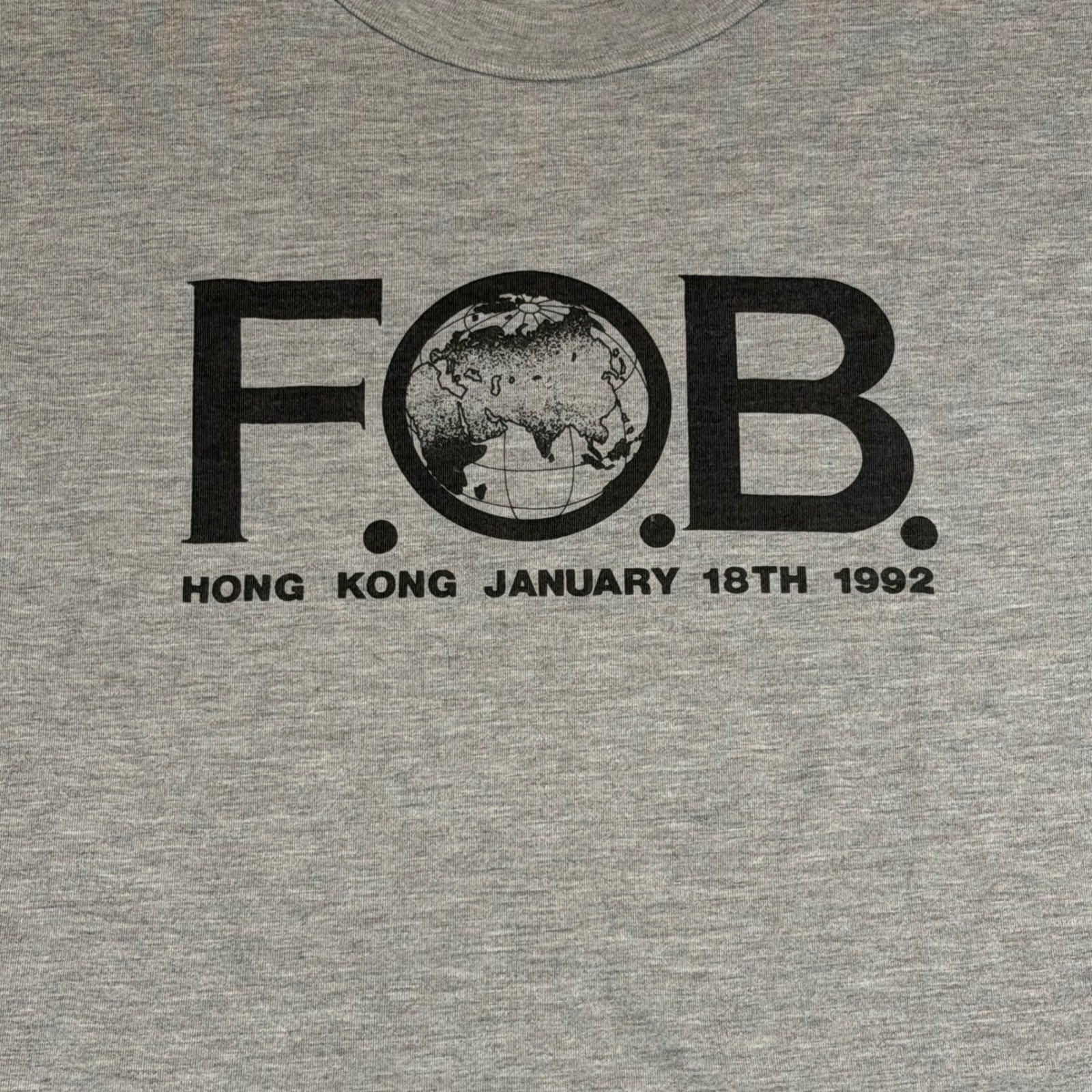 Vintage 1992 FOB Hong Kong Graphic T-Shirt XL Heather Gray January 18th Tee gallery