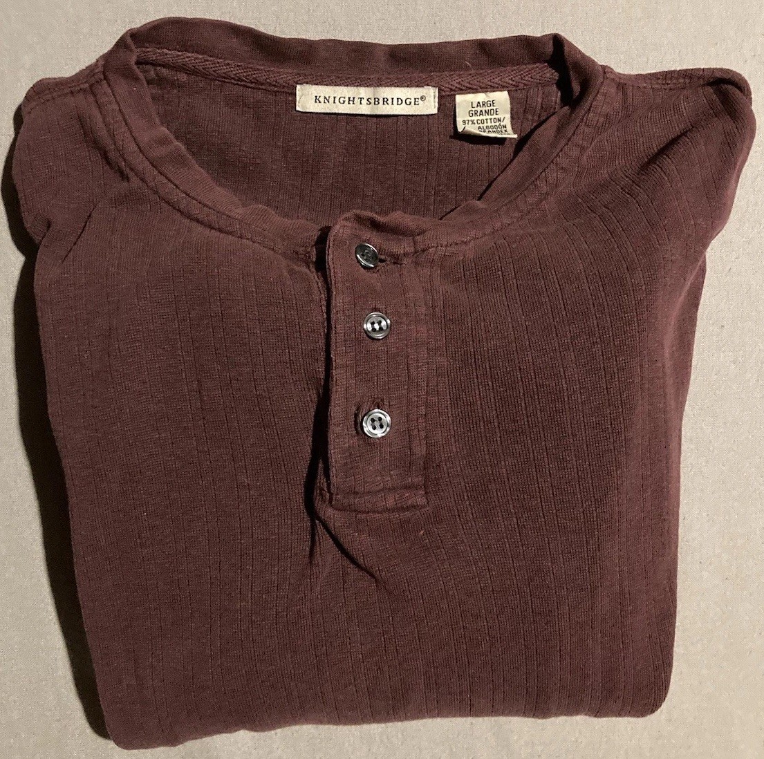 VTG 90s Ribbed Henley Shirt Men’s Large Maroon Heavy Textured Casual Work Church gallery