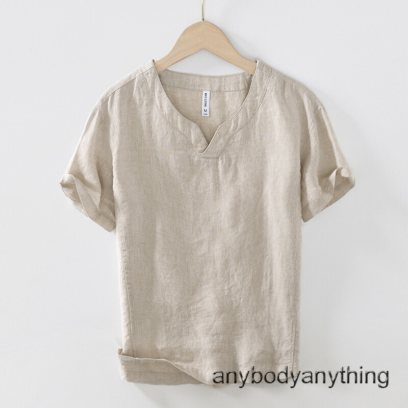 New Men 100% Linen T-shirt Retro V Neck Summer Short Sleeves Tops Casual Undersh gallery