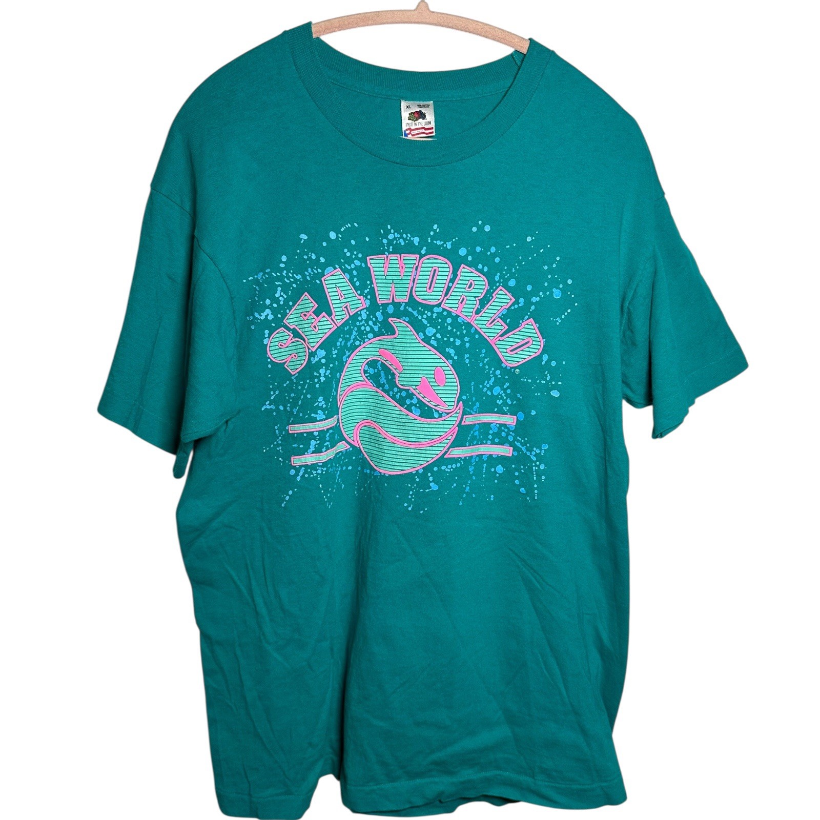 Sea World Men’s Teal Blue Logo Graphic T-shirt Single Stitch Shirt Size XL 90s