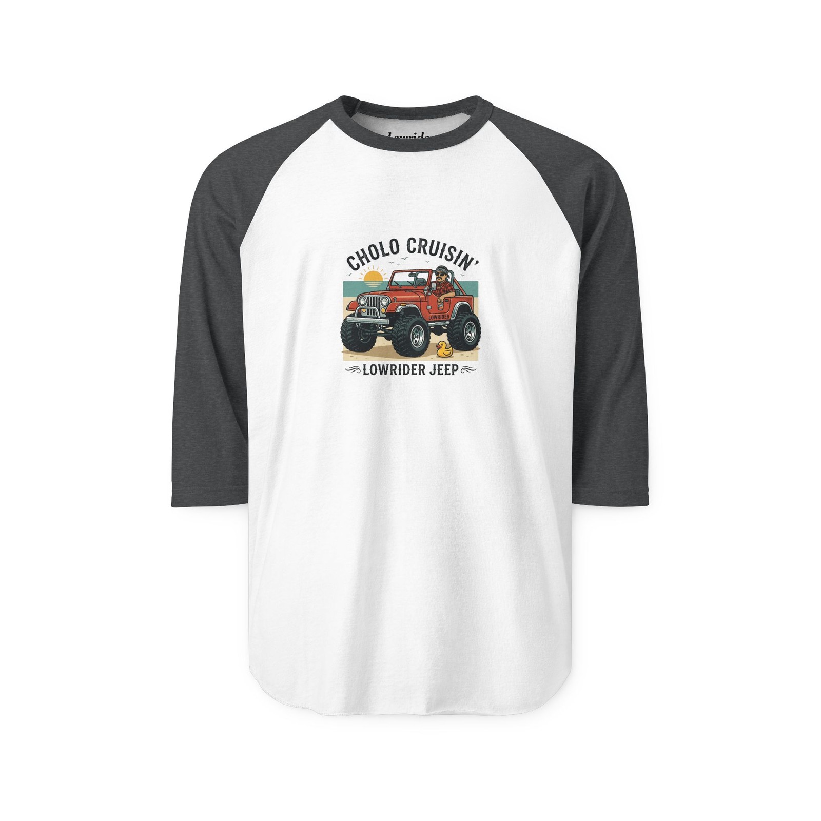 Cholo in Red Jeep Raglan Shirt | Duck Graphic