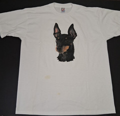Vintage90’s Mini Doberman Pinscher T-Shirt Sz L Dog Jerzees White 1995 50/50 USA