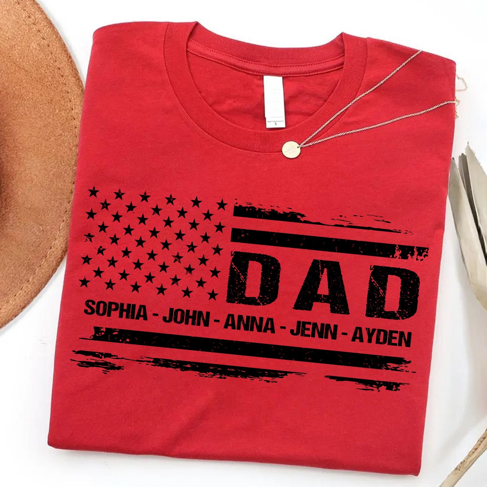 Personalized Dad Shirt 4th of July Gift Custom Kids Name Patriotic USA Flag Tee gallery