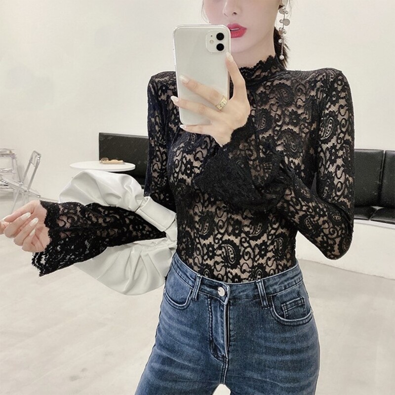 Women Long Sleeves Blouse Turtleneck T-shirt Stretch Lace Bottoming Tops gallery