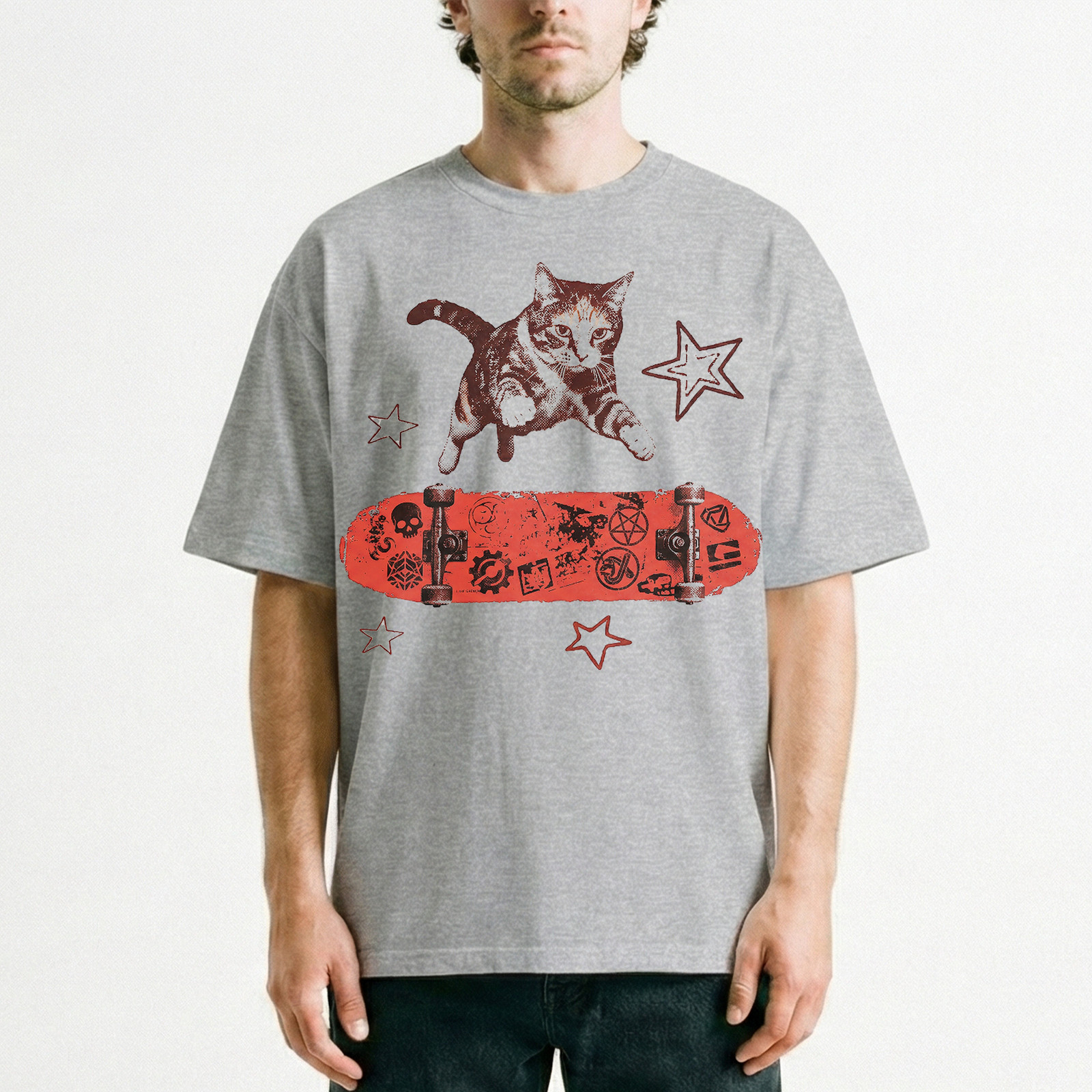 Red Skater Cat Symbols Skateboard T-Shirt Retro Punk Skull Streetwear Kitty Tee gallery