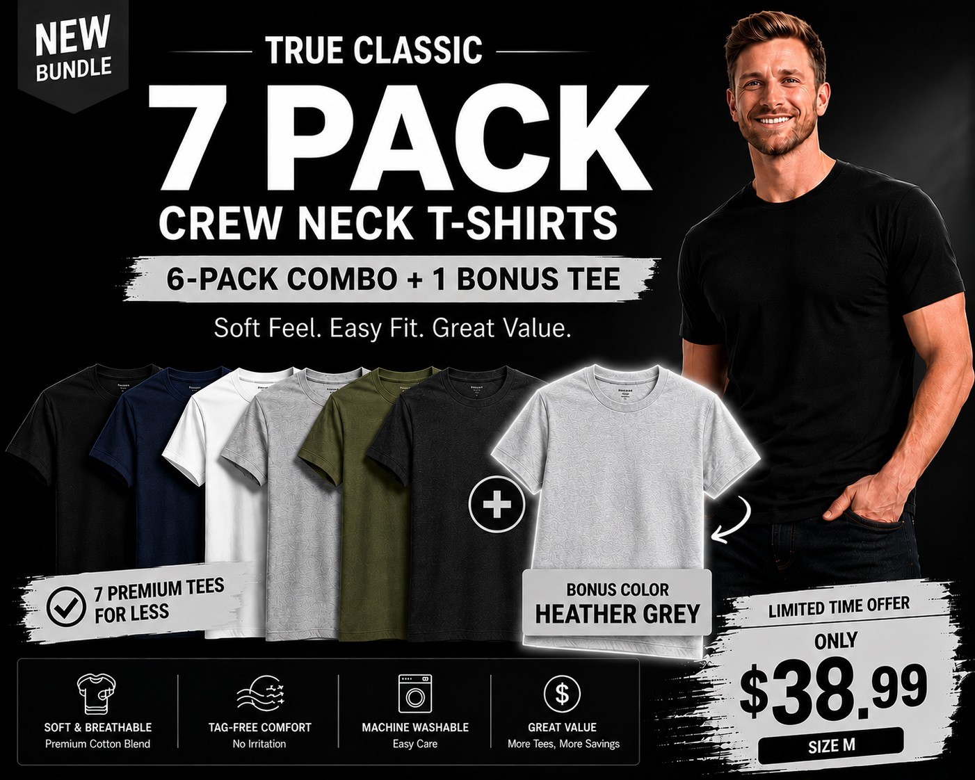 🔥 True Classic 7-Pack Crew Neck T-Shirts | Size M | + Bonus H.Grey Tee gallery