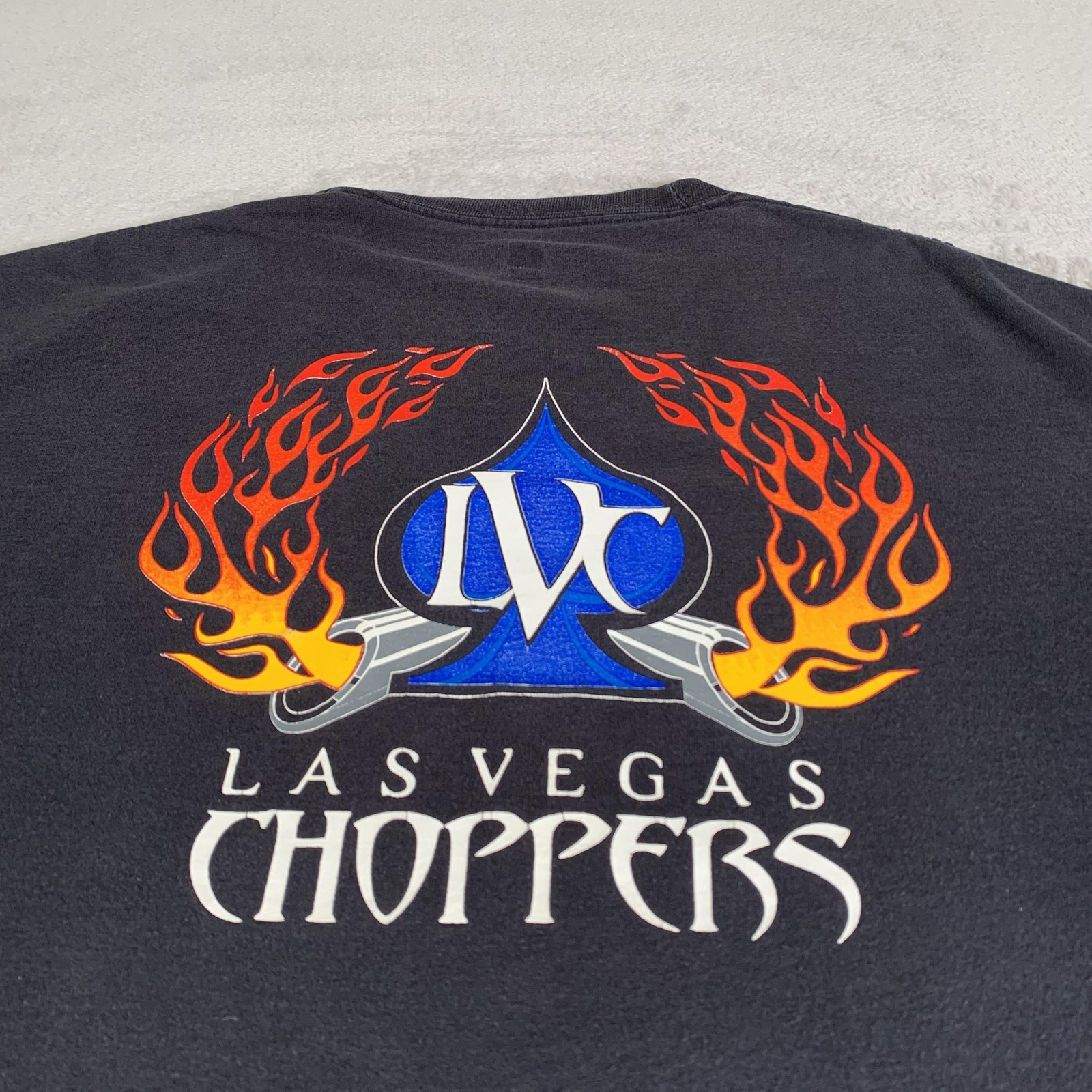 Las Vegas Choppers Shirt Mens XL Black Hanes Flames Motorcycle Biker Tee FLAWS gallery