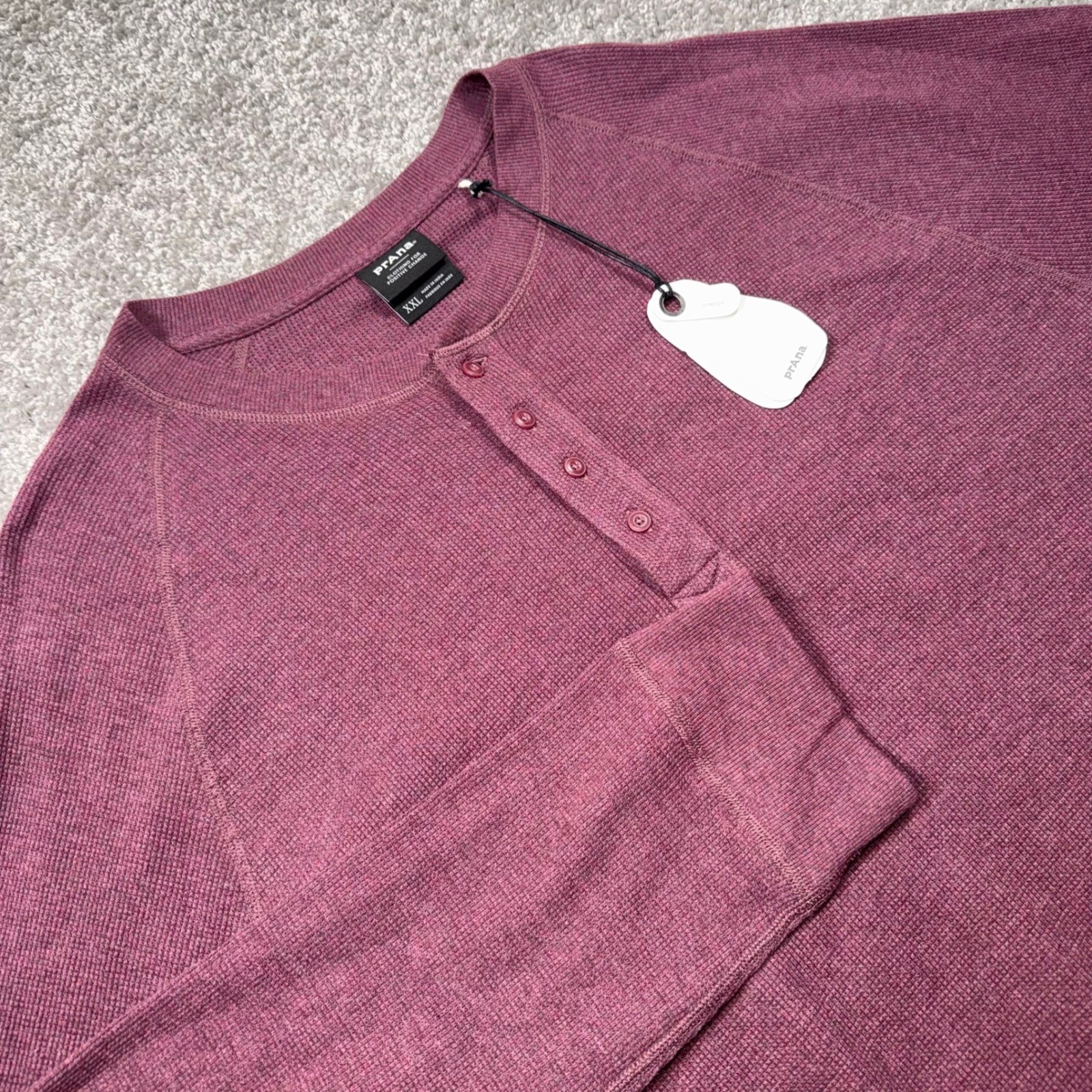 prAna Touchstone Henley Mens Waffle Knit Stretch Fig Heather Size XXL NEW