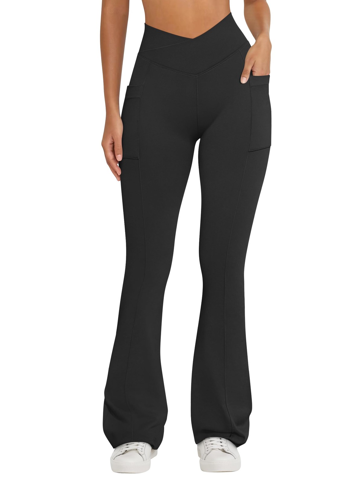 Women Pants Soft Active High Waist Crossover Flared Trousers with Pockets Black gallery