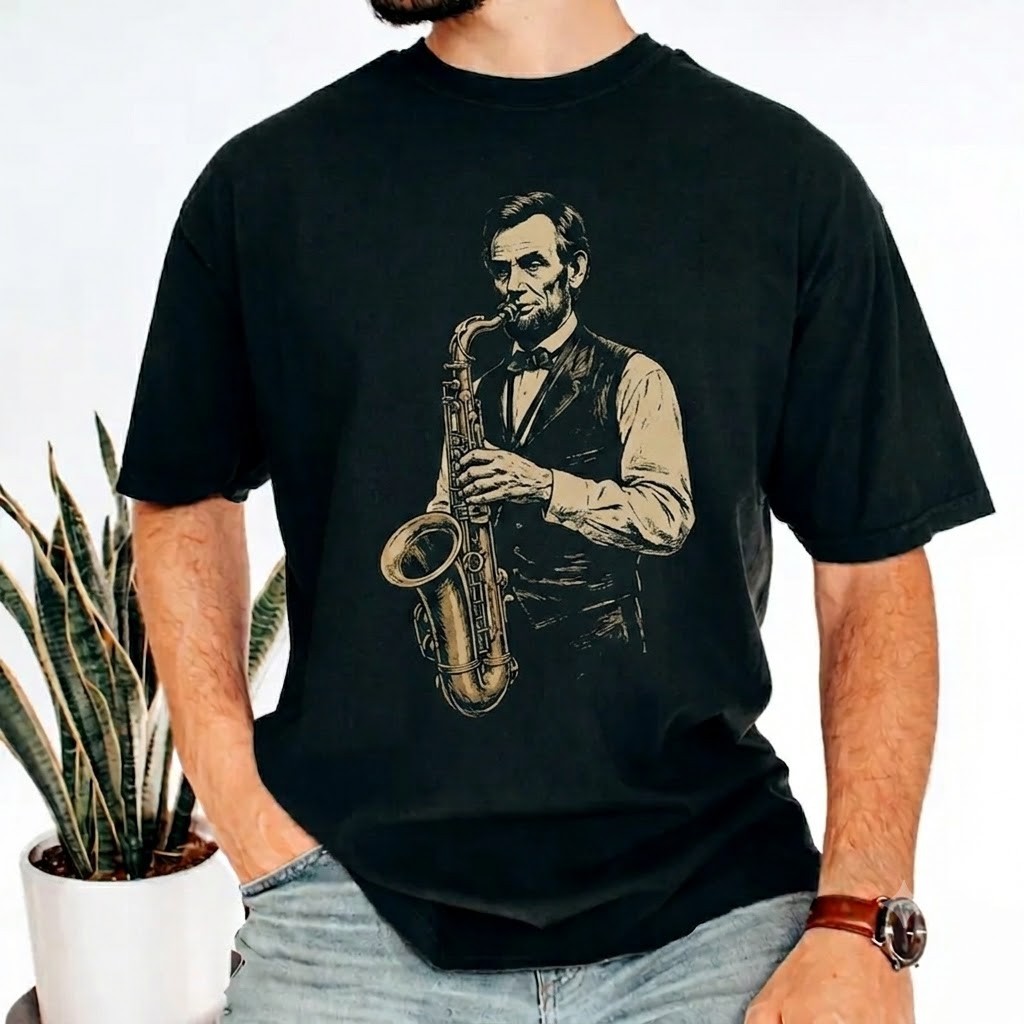 President Abraham Lincoln Playing Saxophone Funny History Music Lover T-Shirt gallery