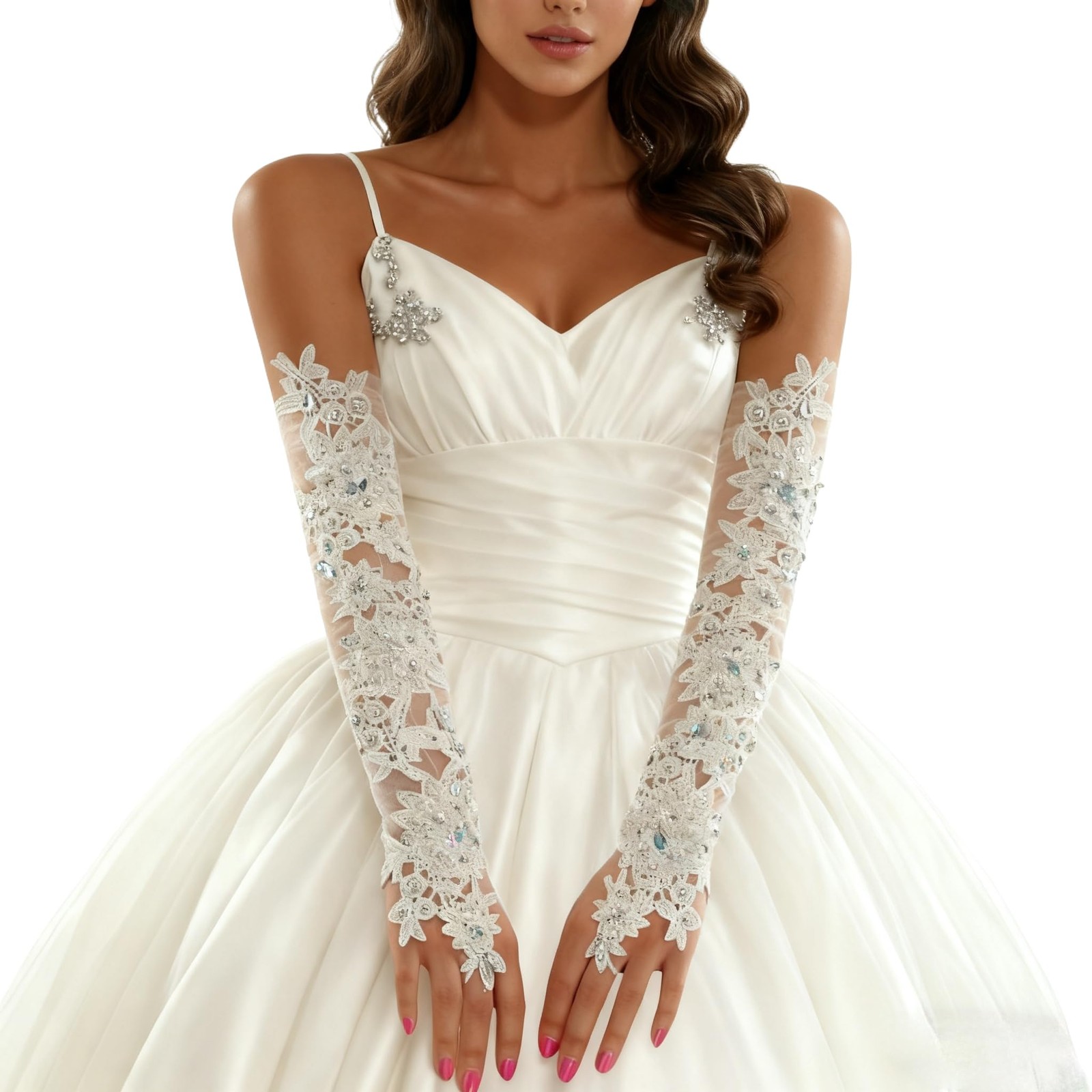 White Lace Rhinestone Fingerless Bridal Glove,Lace Gloves Long,Prom For Weddi... gallery