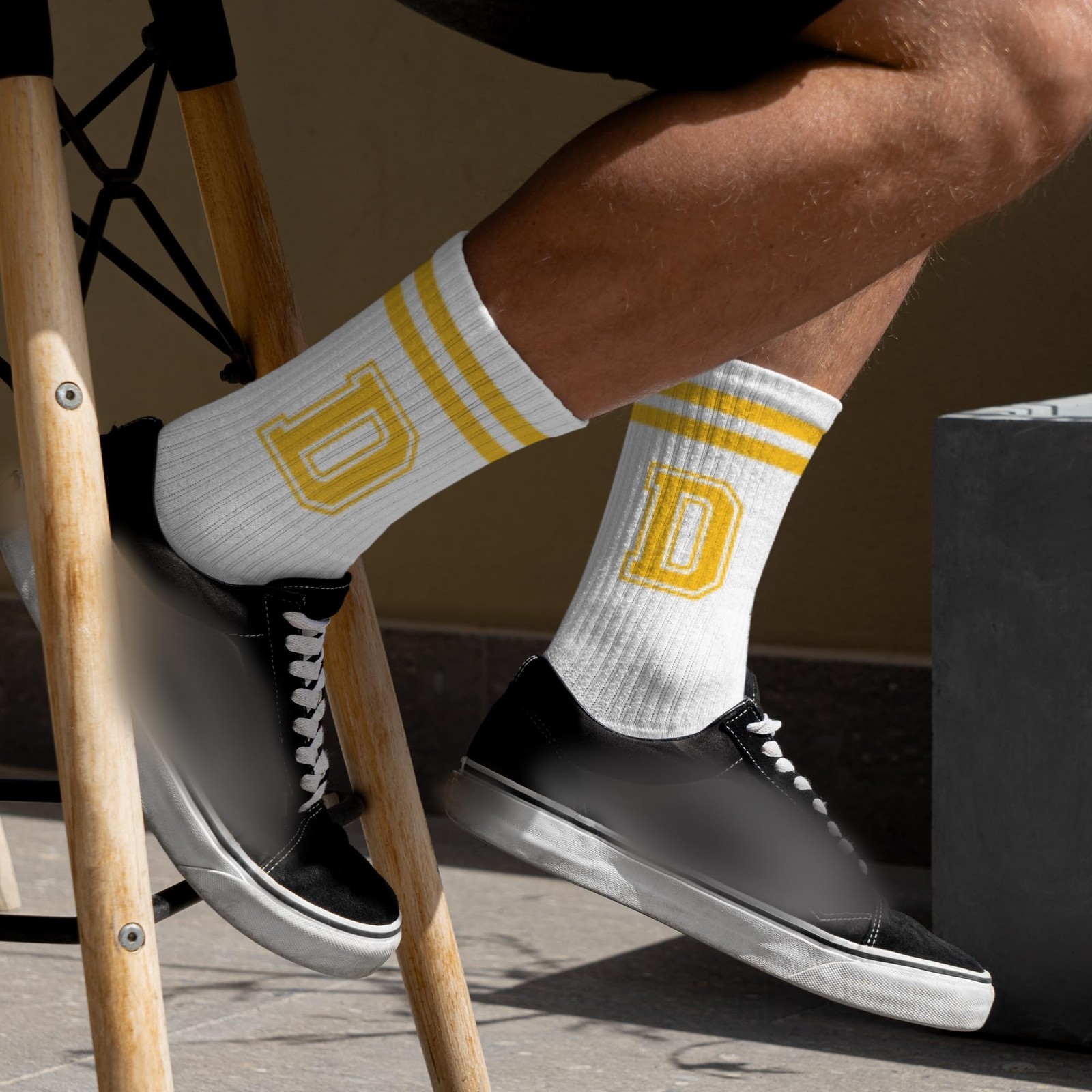 Golden Yellow Initial Stripes Socks with Letter D, Retro Athletic Style Socks... gallery