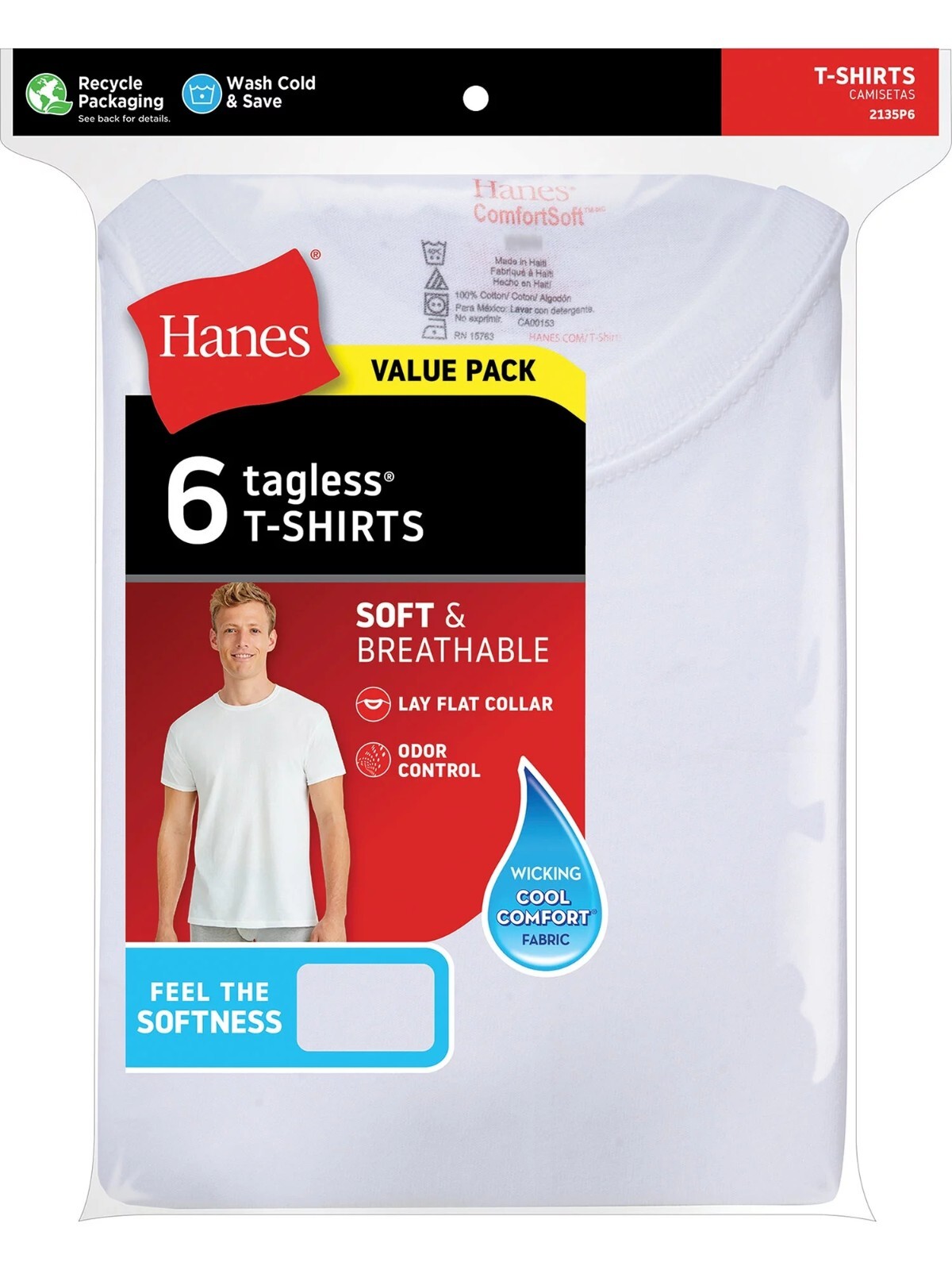 Hanes Comfort White 6-Pack TAGLESS Crew necks T-shirt NWT