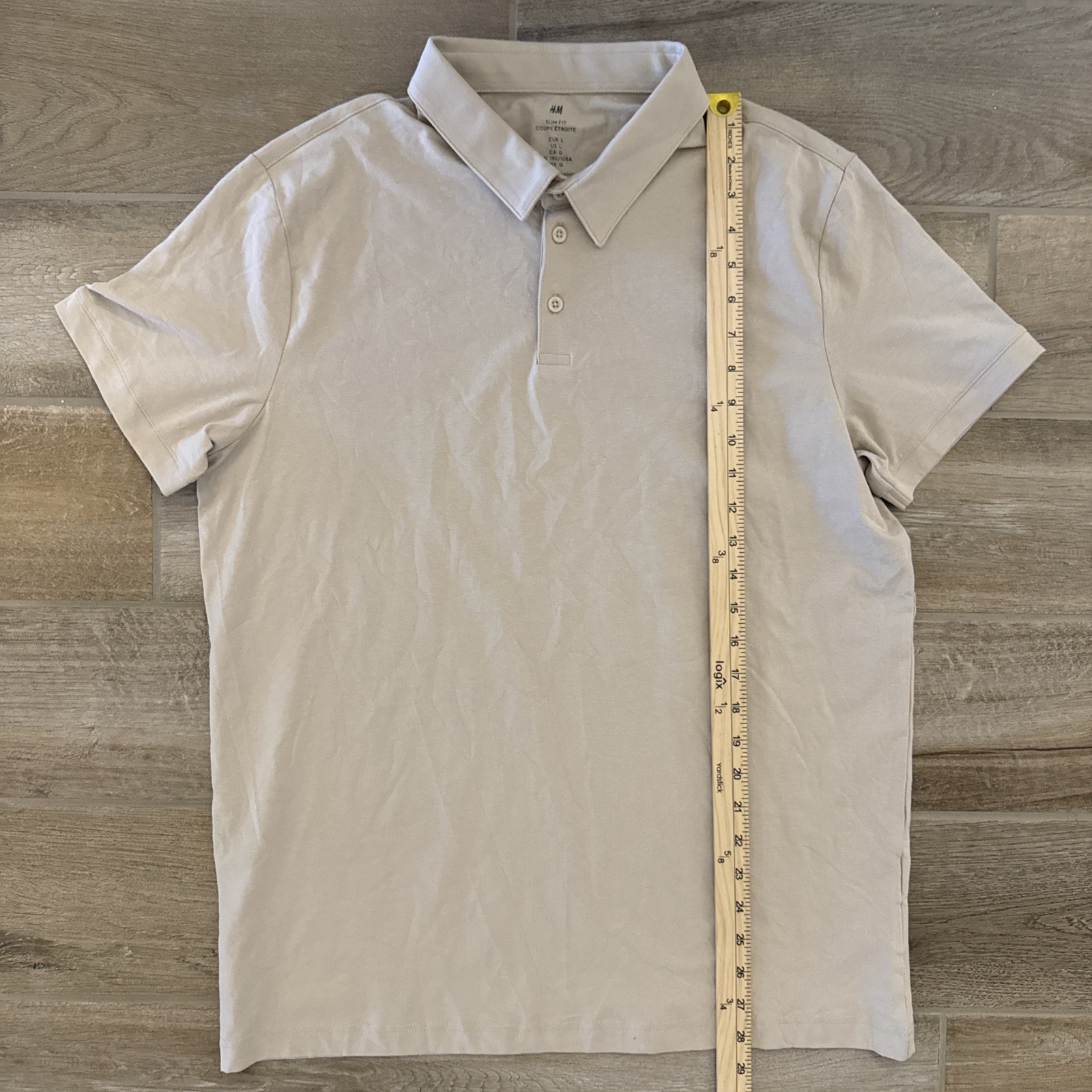 H&M Men's Slim Fit Polo Shirt Button + Spare Beige Size Large Stretch gallery