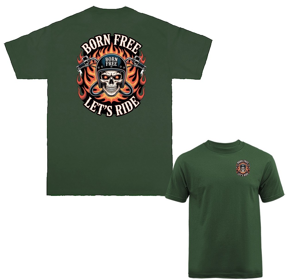 Born Free Let’s Ride Skull Motorcycle Flaming Biker T-shirt